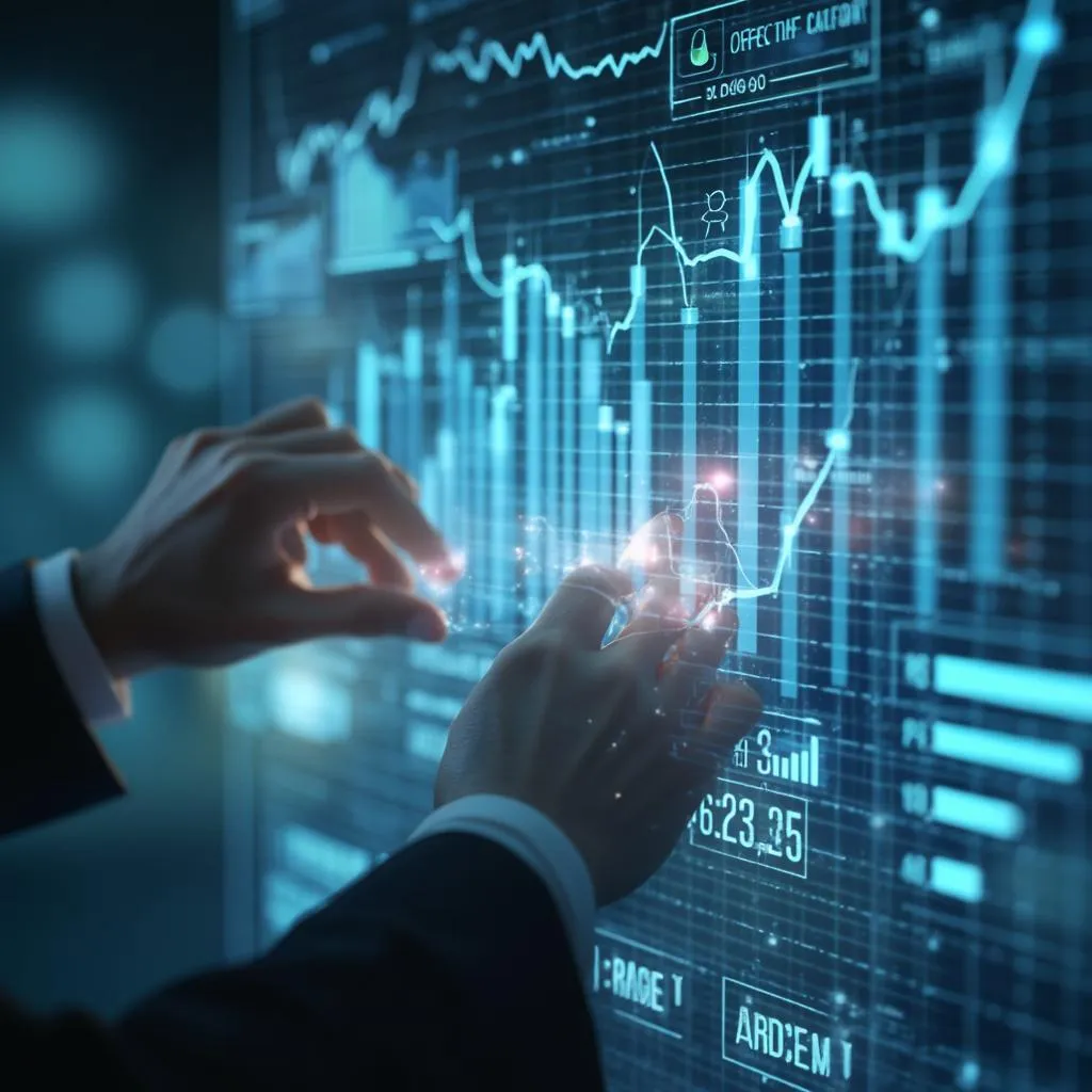 Auditor analizando datos financieros en pantalla futurista
