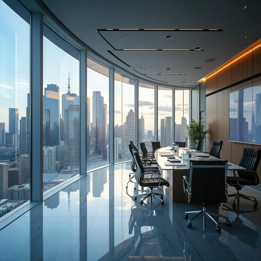 Oficina moderna de AuditSys con vistas a la ciudad