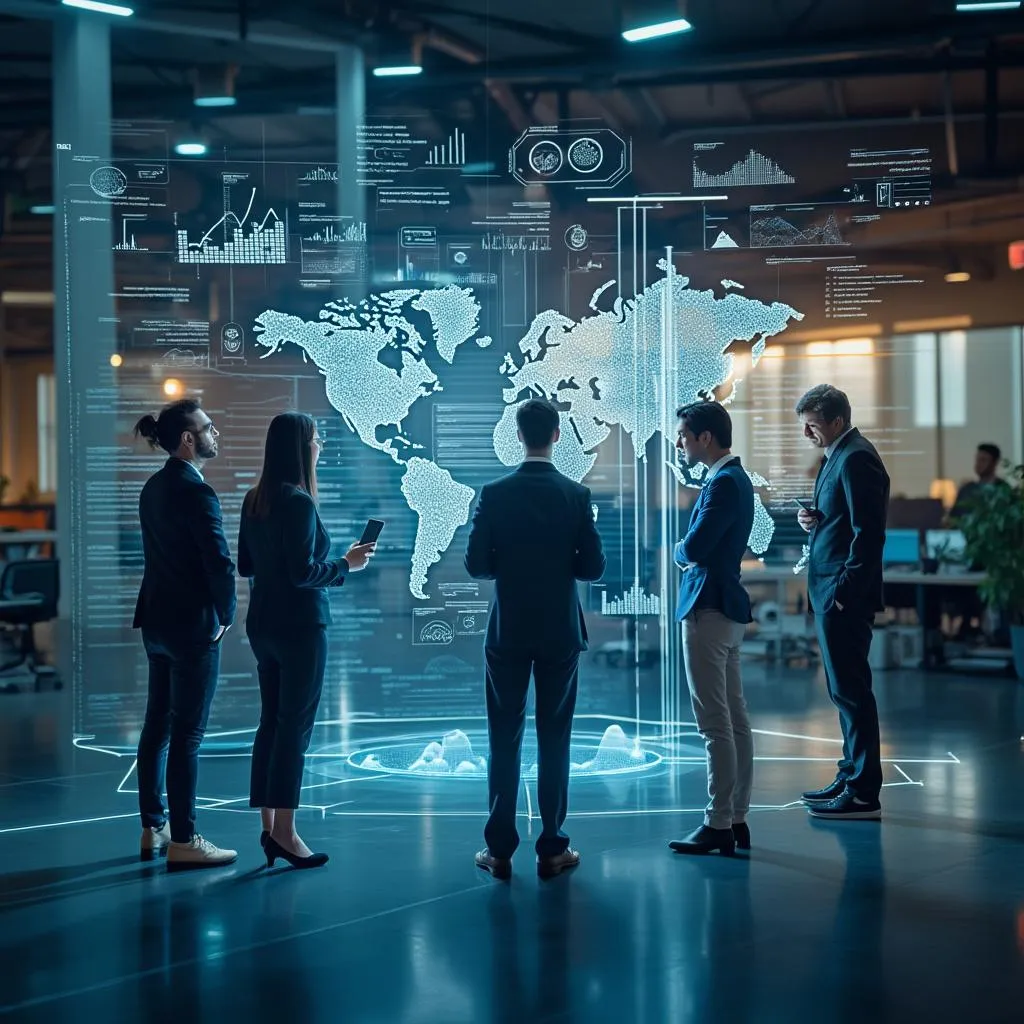 Visión futurista de la auditoría financiera con hologramas y análisis de datos